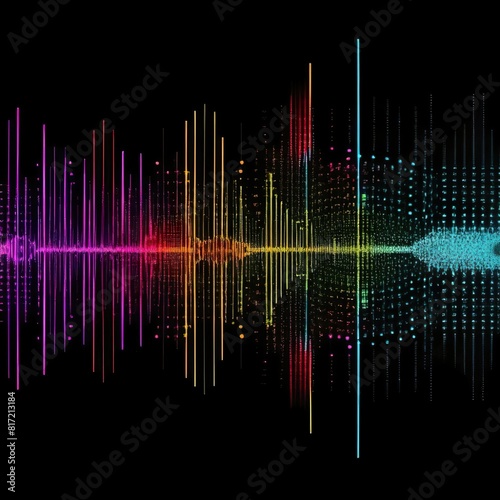 image featuring an audio equalizer visualization set against a black background, with vibrant colors and dynamic patterns representing sound frequencies in a visually appealing manner