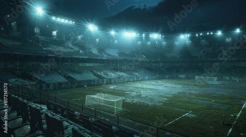 Fans in an abandoned soccer stadium during the nighttime  Generative AI.