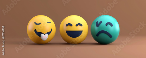 A minimalist 3D  of three emojis: a yellow winking, a teal grinning, and a navy rolling-eyes emoji, all on a solid brown background. © Adnan