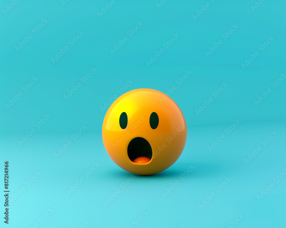 Fototapeta premium A minimalist 3D of a single yellow shocked emoji on a solid electric blue background.