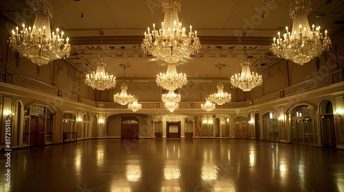 An elegant ballroom adorned with glistening chandeliers  ready to host a grand New Year s Eve celebration.