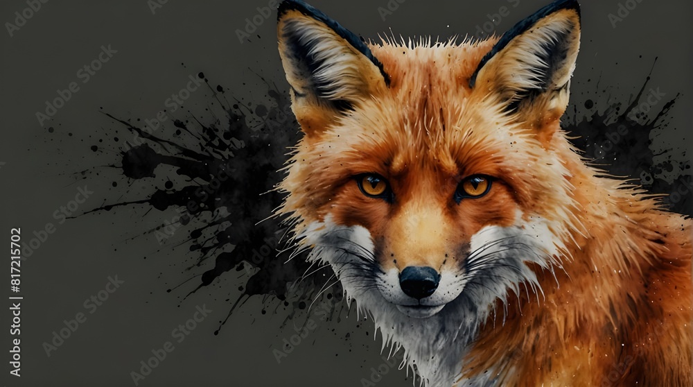 Fototapeta premium superior quality, watercolor, forceful, colorful, forward-facing fox face logo on a monochrome background created by Yuki Sakura, amazing full color