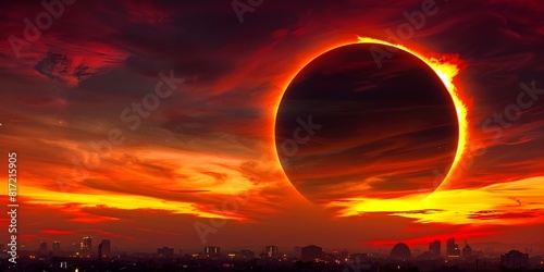 Futuristic holographic evening sky scene over Southeast Asia during rare hybrid solar eclipse. Concept Solar Eclipse, Futuristic Holograms, Southeast Asia, Evening Sky, Colorful Scene