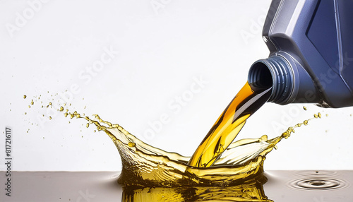 Synthetic lubricating oil is poured out into a splash lubrication system/ oil reservoir photo