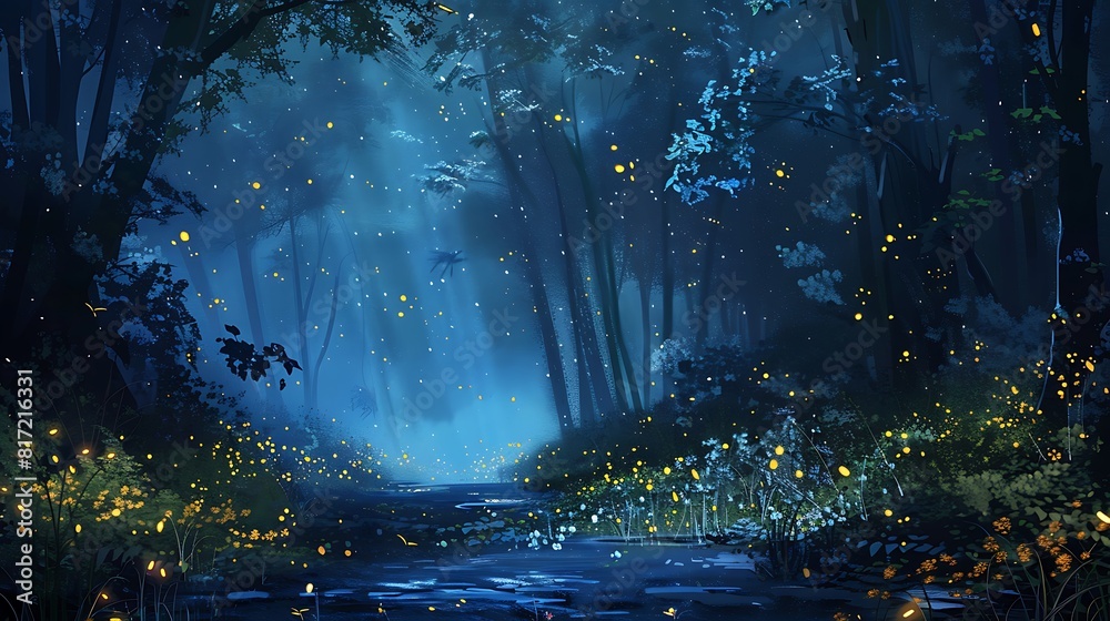 A tranquil forest glade illuminated by the soft glow of fireflies, with a canopy of stars twinkling overhead.
