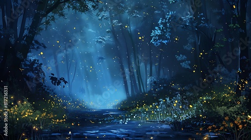 A tranquil forest glade illuminated by the soft glow of fireflies  with a canopy of stars twinkling overhead.