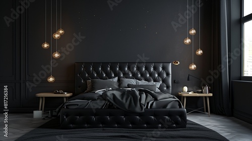 Chambre à coucher avec lit en cuir noir, tables de chevet en bois clair et luminaires suspendus