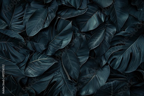 A close up of dark green leaves with a black background
