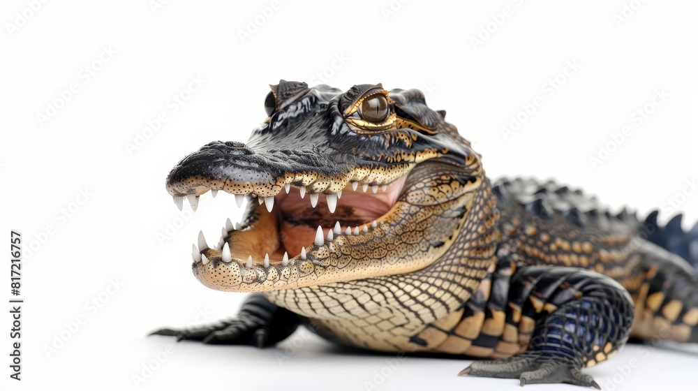 Obraz premium Close up shot of cheerful and cute crocodile with a playful smile on white background
