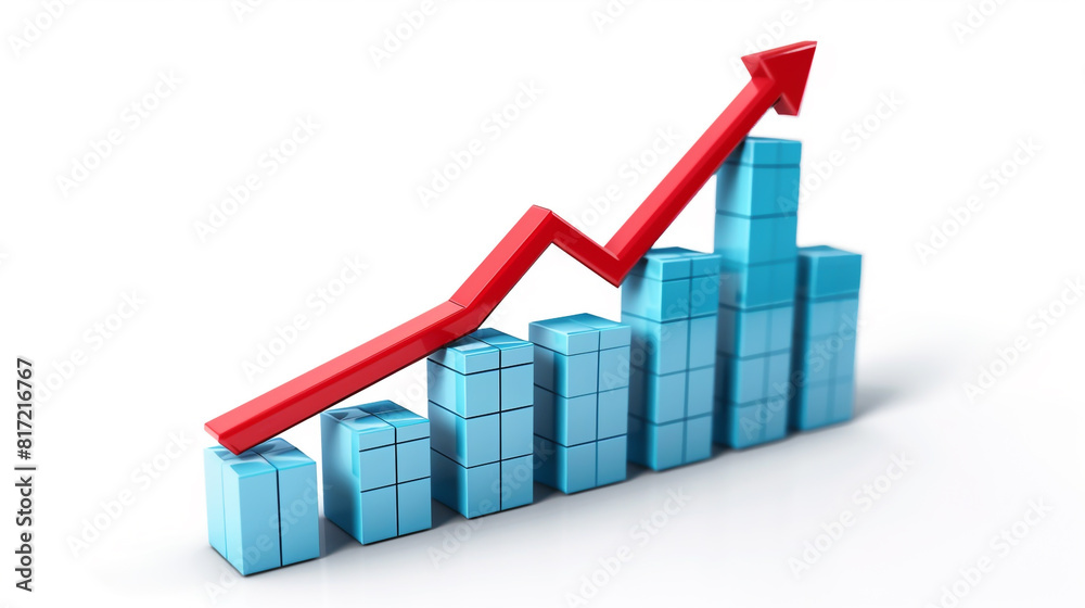 A red arrow atop a blue bar graph signifies upward business growth or stock market ascent. A red arrow atop a blue bar graph signifies upward business growth or stock market ascent.