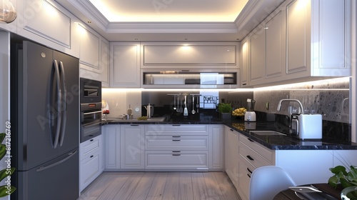 Cuisine moderne avec armoires en bois blanc, plan de travail en quartz noir et électroménagers encastrés