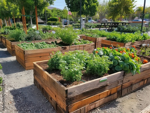 raised beds with vegetables in wooden boxes, urban community garden