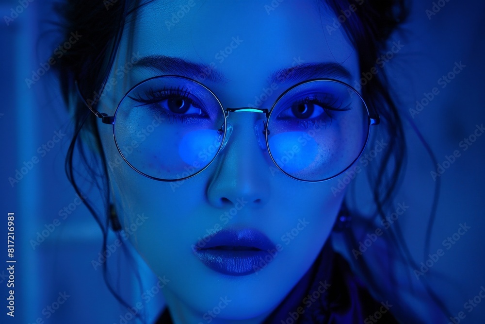 Striking Portrait of Young Woman with Spectacles in Vivid Blue Light Striking Portrait of Young Woman with Spectacles in Vivid Blue Light