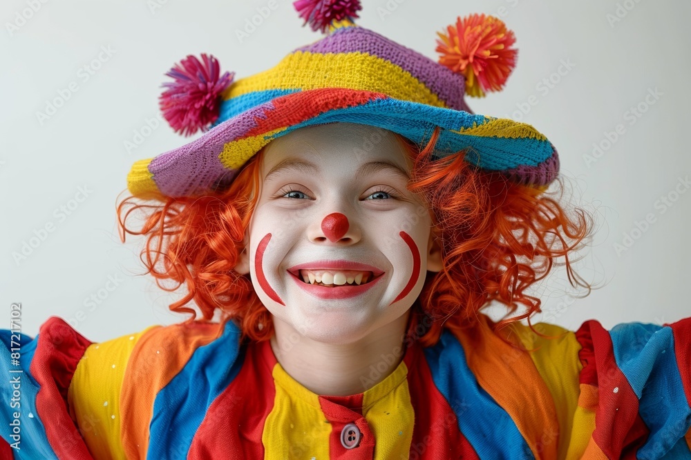 A child in a clown costume and a funny hat delights the audience with colorful makeup and a wide smile. A child in a clown costume and a funny hat delights the audience with colorful makeup and a wide smile.