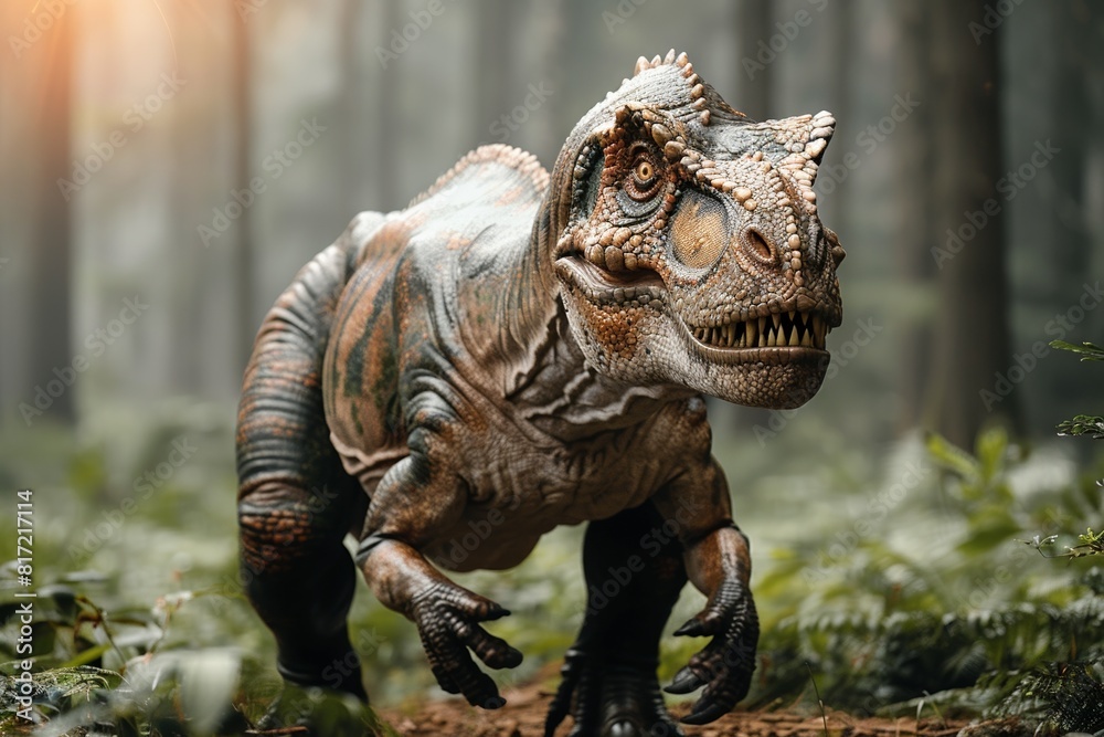 Fototapeta premium In a forest exhibition, a monstrous, lifelike dinosaur sculpture evokes ancient, dangerous wildlife.