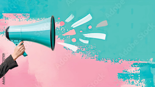 Vector illustration, A woman with a megaphone. Promotion, action, ad, job questions, discussion. Speech bubble. Business concept, communication, information, news, team media relations