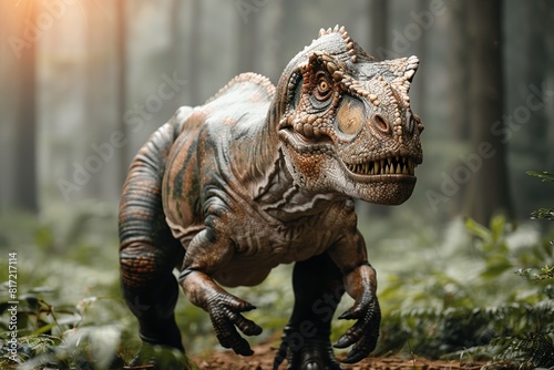 In a forest exhibition  a monstrous  lifelike dinosaur sculpture evokes ancient  dangerous wildlife.