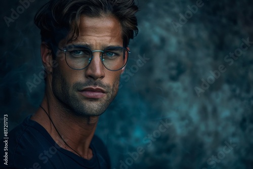 Handsome Young Man with Stylish Eyeglasses Posing against Textured Blue Background