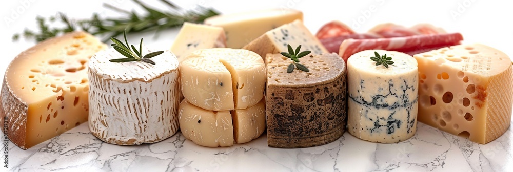 Delight in a rustic assortment of gourmet cheeses, including Camembert and Brie, on a marble surface. Delight in a rustic assortment of gourmet cheeses, including Camembert and Brie, on a marble surface.
