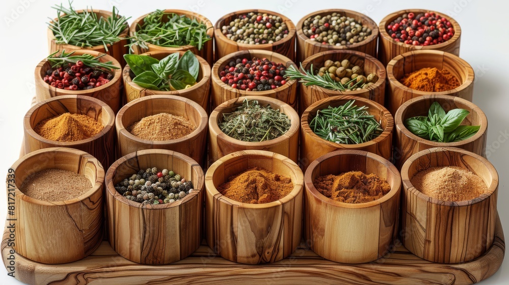 Fototapeta premium Fresh herbs and spices stored in wooden containers on a transparent background. top view. Generative AI.
