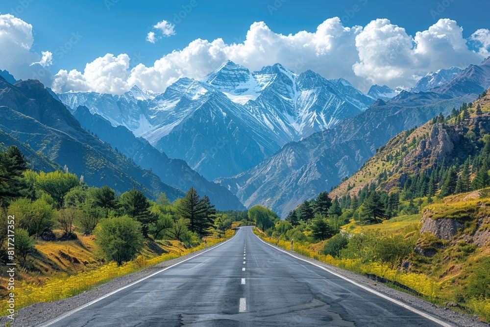 A scenic highway winds through mountain ranges, offering breathtaking views of nature and snowy peaks. A scenic highway winds through mountain ranges, offering breathtaking views of nature and snowy peaks.