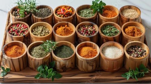 Fresh herbs and spices stored in wooden containers on a transparent background. top view. Generative AI.