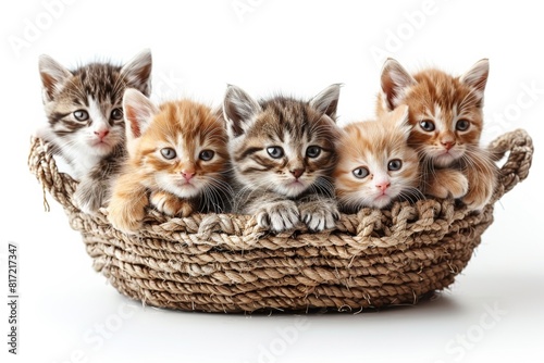 A cozy scene of playful kittens in a wicker basket, ready for adoption into loving homes. photo
