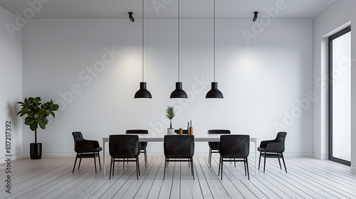 Salle à manger minimaliste avec chaises en cuir noir, table en bois clair et luminaires suspendus élégants photo