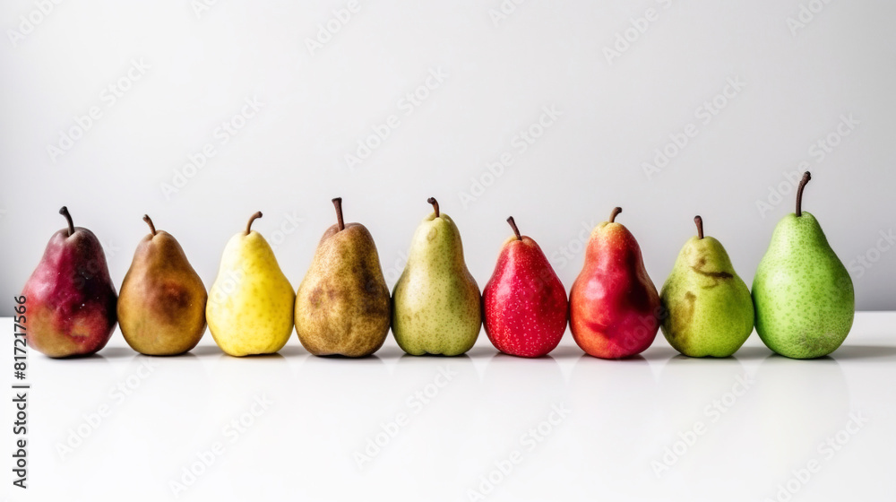 Different varieties of pears in a row, fresh fruits, white background isolate. AI generated.