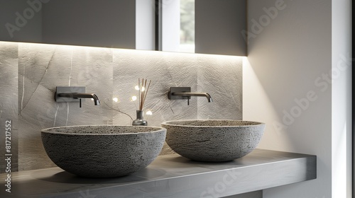 Salle de bain épurée avec double vasque en pierre grise, miroir sans cadre et éclairage indirect photo