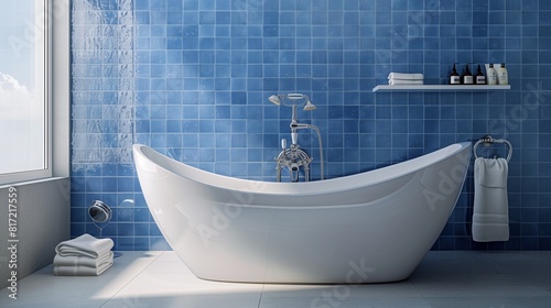 Salle de bain luxueuse avec baignoire autoportante blanche, murs en carrelage bleu et accessoires en chrome photo