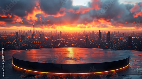 Gleaming metal podium on a city rooftop at sunset, focus on the reflective surface, luxury theme, futuristic, Blend mode, with skyline views as backdrop photo