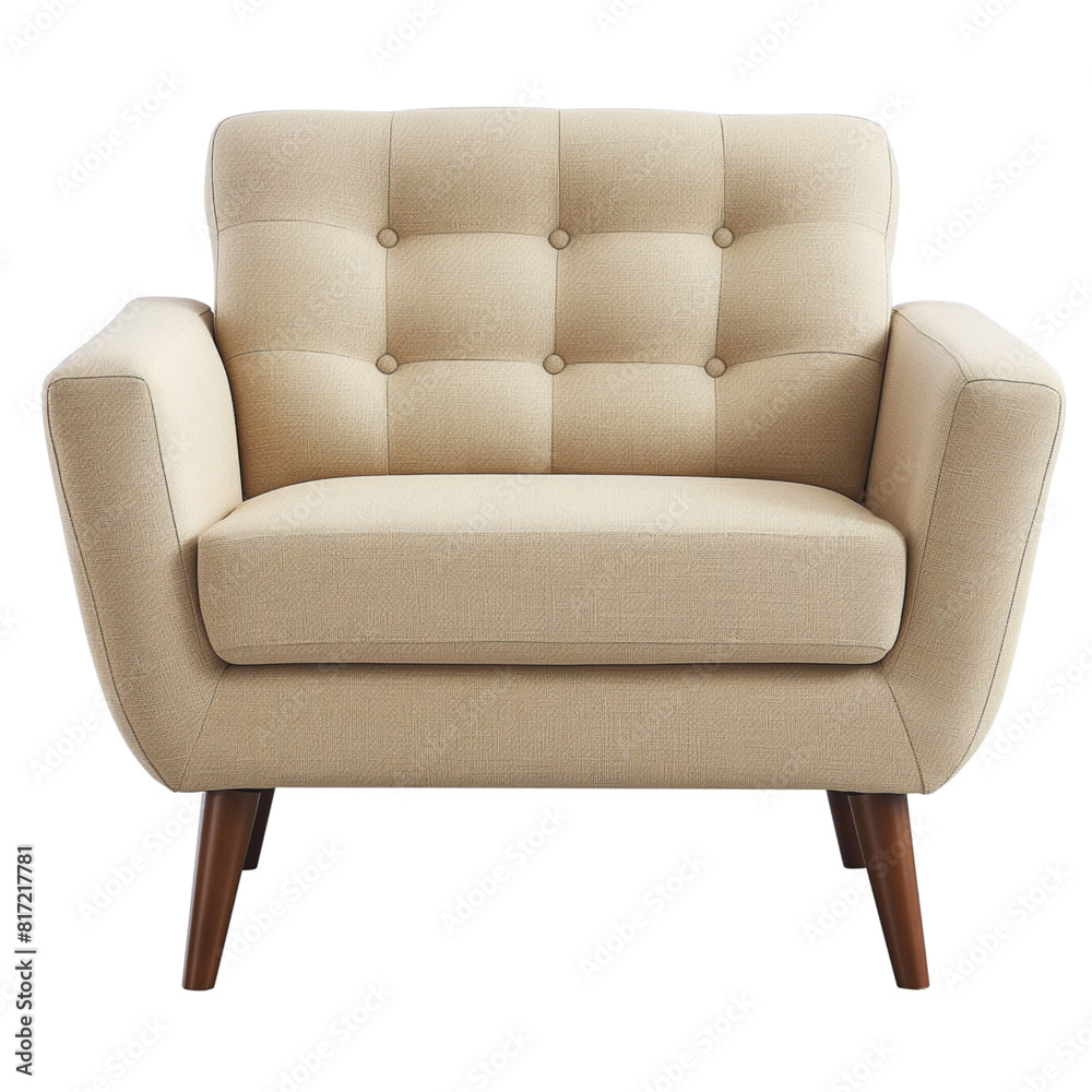 Fototapeta premium A comfortable beige armchair that stands out against a white background. An element of interior design