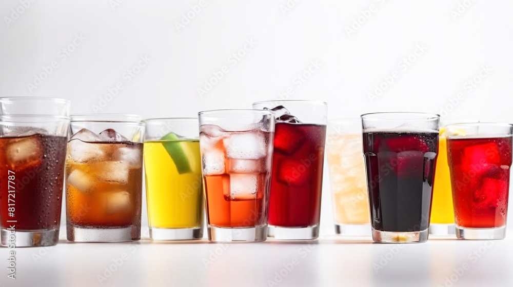Group of glasses of fresh colored juice with fresh berries, fruits stand in row, white background. AI generated.