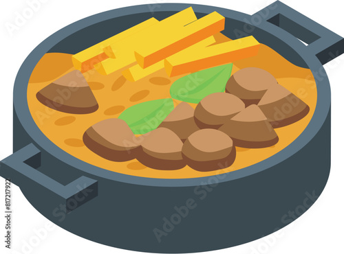 Colorful illustration of a savory vegetarian stew with ingredients in a black cast iron pot