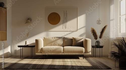 Salon minimaliste avec canap   beige  table basse en m  tal noir et   uvres d art abstrait