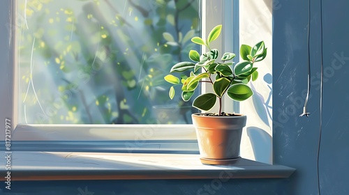 A potted plant on a sunny windowsill, adding a touch of greenery.