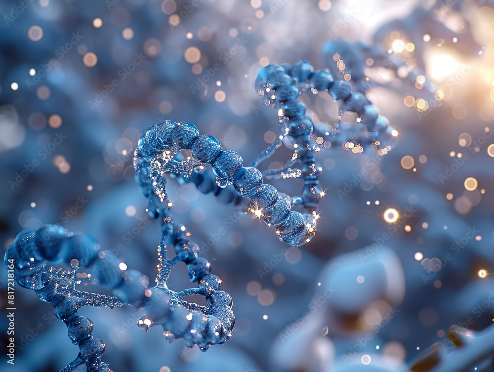 Cool blue and white color palette enhances focus on molecular structure in detailed DNA double helix model. Cool blue and white color palette enhances focus on molecular structure in detailed DNA double helix model.