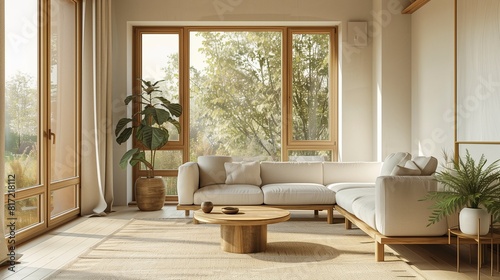 Salon scandinave avec canapé gris clair, table basse en bois foncé, tapis beige et grandes fenêtres lumineuses