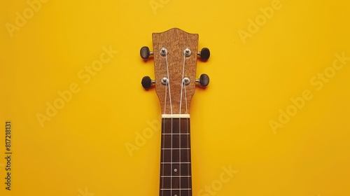 The headstock of a ukulele stands out against a vibrant yellow backdrop
