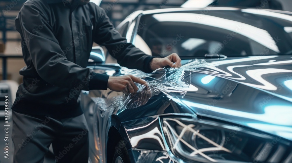 Car detailing specialist installing protective transparent foil or Car wrapping specialist putting vinyl foil or film on car Car detailing specialist installing protective transparent foil or Car wrapping specialist putting vinyl foil or film on car