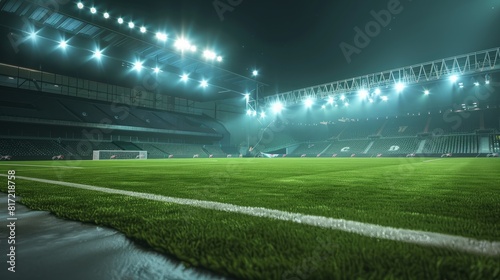 Nighttime soccer match in a brightly lit, vibrant stadium with a pristine green field © Johannes