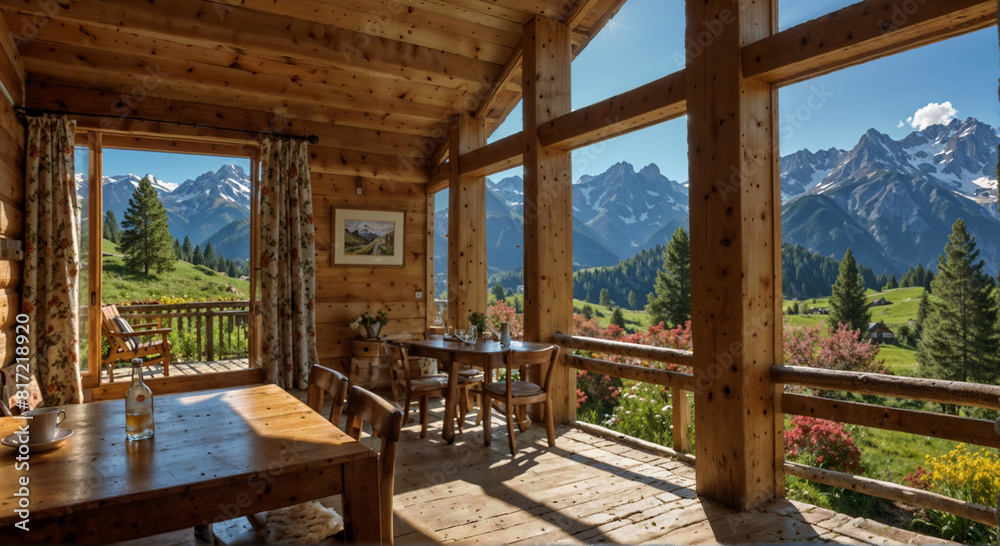 Wooden house on the very beautiful mountain lake in the green mountains Wooden house on the very beautiful mountain lake in the green mountains