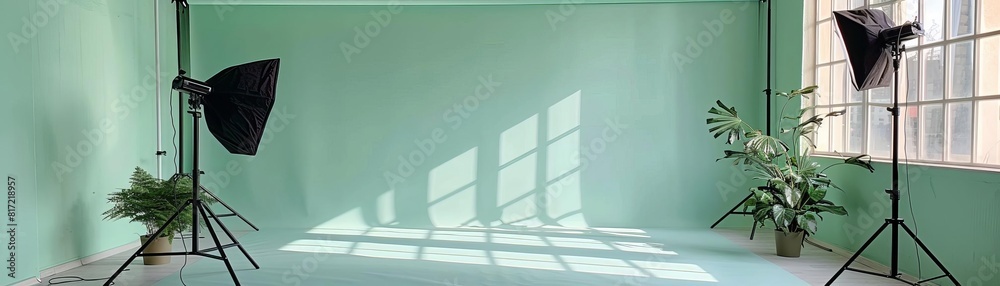 Obraz premium Professional photography studio with a pastel green wall, providing a calm backdrop