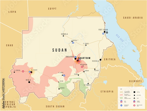 Sudan war map. Main conflict forces. Vector illustration map. Geopolitical set concept.
