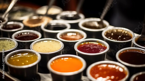 Various sauces  marinades and dressings in small bowls in a row  dark background. AI generated.