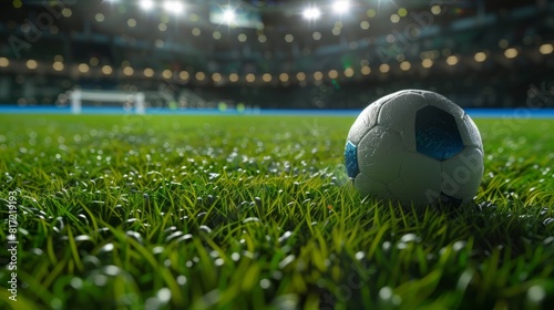Pallone da calcio sull'erba di un campo da calcio di uno stadio all'imbrunire con luci accese photo