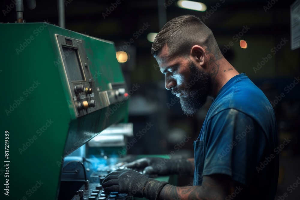 side view of machine operator as a skilled technical in a factory while working at cnc machine side view of machine operator as a skilled technical in a factory while working at cnc machine