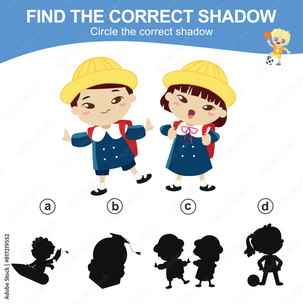 Fototapeta premium Find the correct shadow. Match the image with the shadow. Worksheet for kid. Educational printable worksheet. 