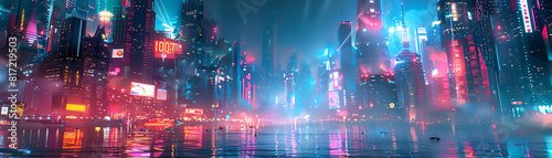 Capture the essence of a futuristic cityscape underwater, using a mix of glowing neon hues and intricate metallic structures, all seen from a captivating eye-level angle